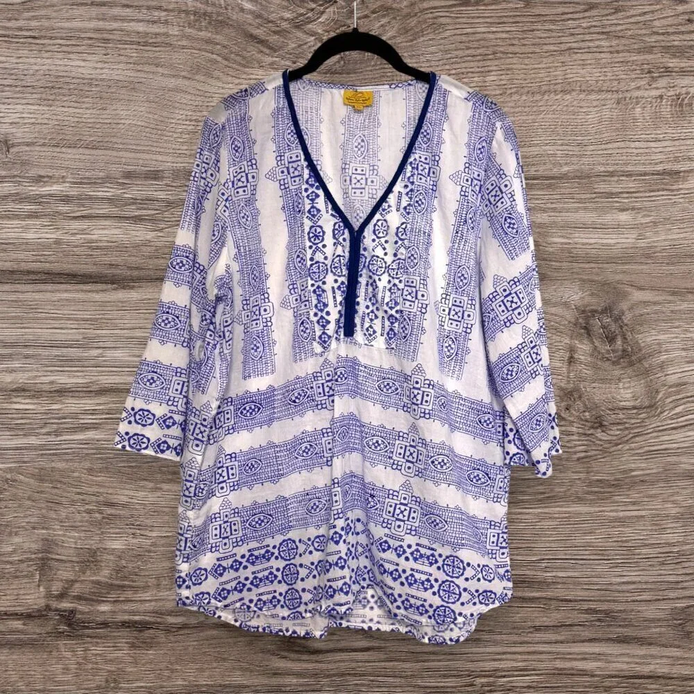 Roberta Roller Rabbit Blue White Printed Cotton Tunic Top Boho Resort Wear XL